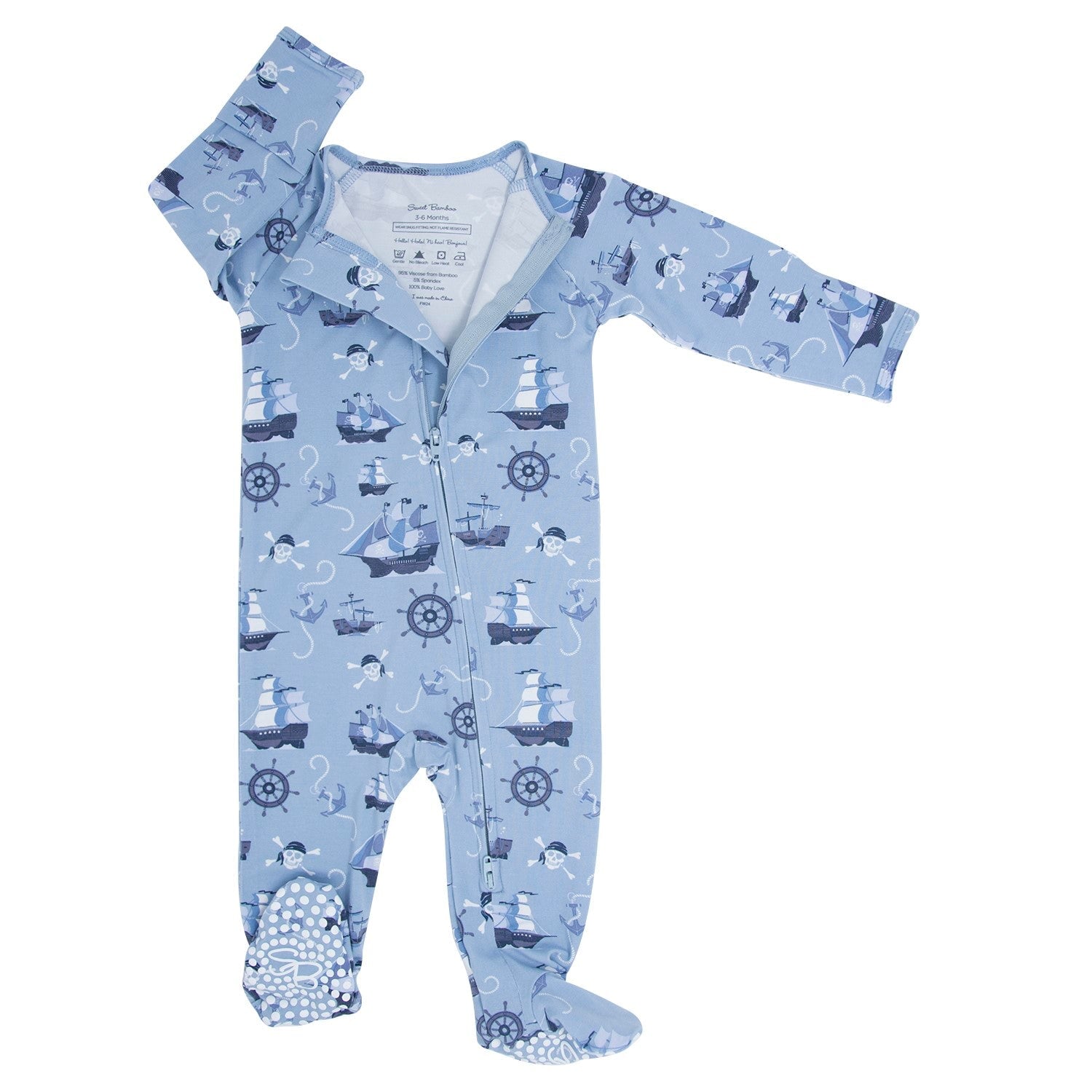 Light blue pirate ship zipper footie with allover nautical print, long sleeves and feet