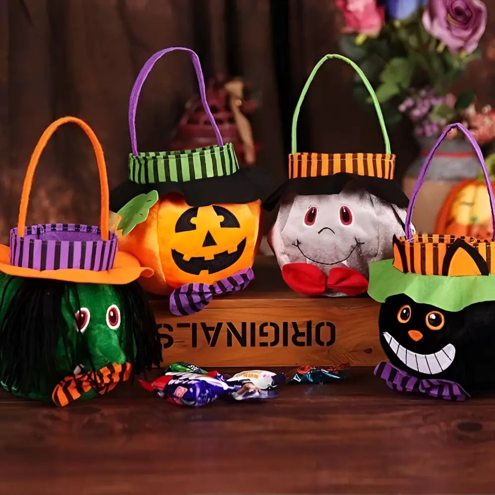 Plush Pumpkin Halloween Candy Bags with Witch Hat