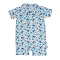 Boys polo romper with allover blue crab print, short sleeves, button placket