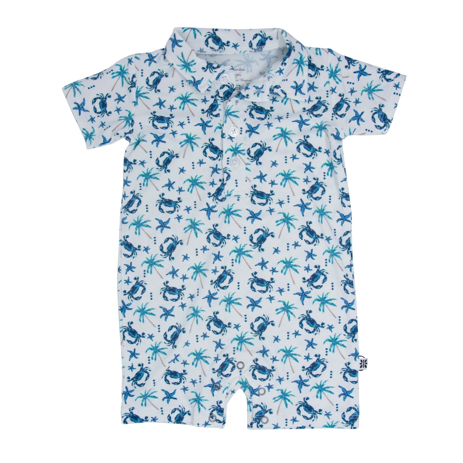 Boys polo romper with allover blue crab print, short sleeves, button placket