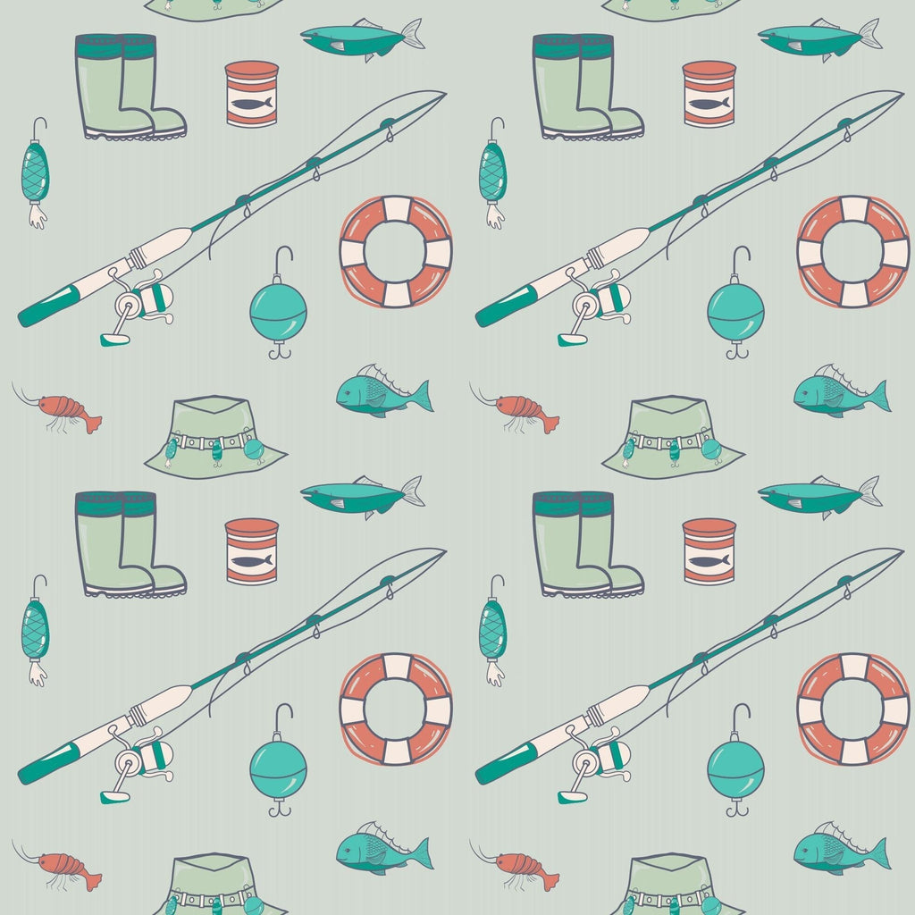 Polo romper fabric pattern: teal fish and poles with orange lifebuoy
