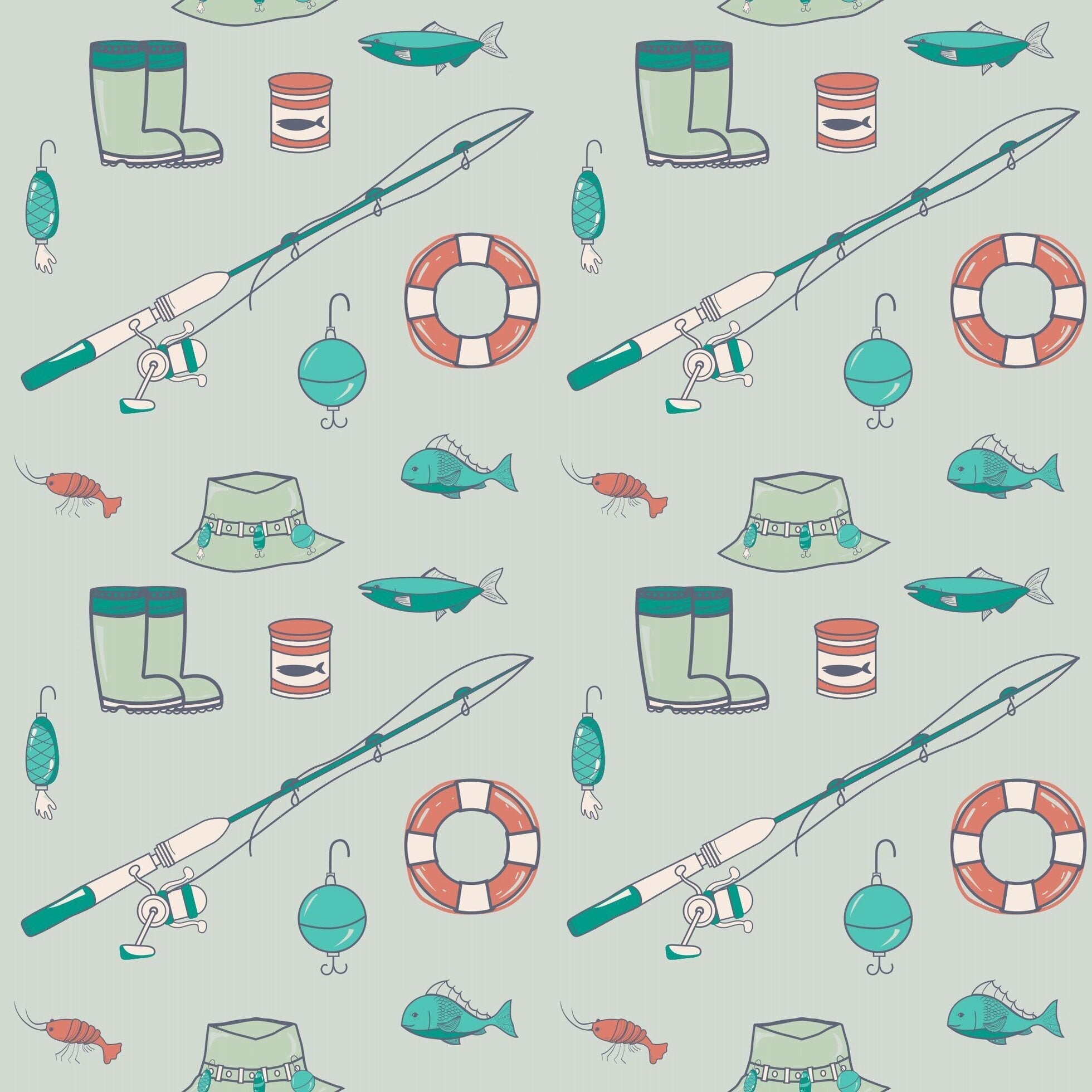 Polo romper fabric pattern: teal fish and poles with orange lifebuoy