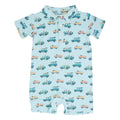 Boys' short-sleeve polo romper in light blue with surf vehicle print