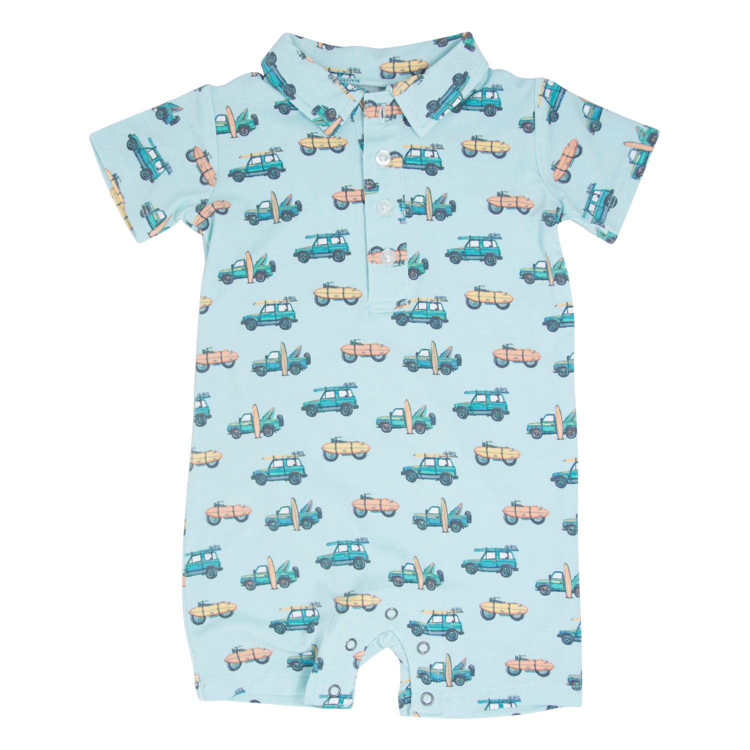 Boys' short-sleeve polo romper in light blue with surf vehicle print
