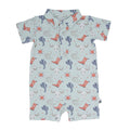 Boys western polo romper in light blue with cowboy hat, cactus, and sun print