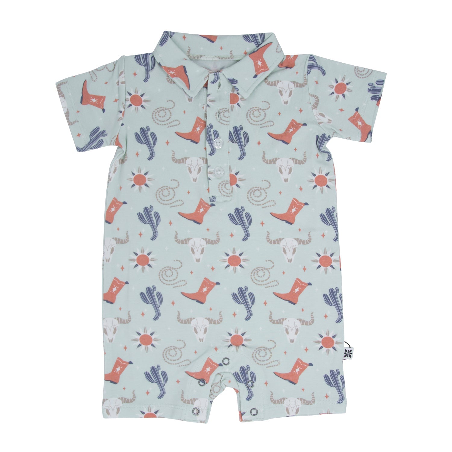 Boys western polo romper in light blue with cowboy hat, cactus, and sun print