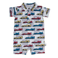Car-print polo romper, short sleeves, button placket, light base