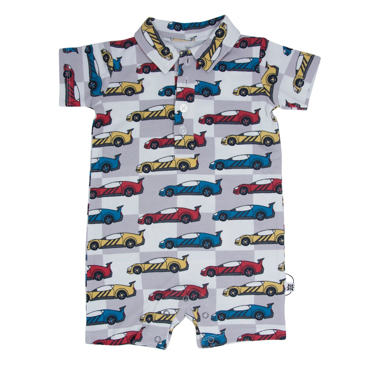 Car-print polo romper, short sleeves, button placket, light base