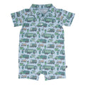 Kids recycle polo romper with green, blue garbage truck pattern, short sleeves, snaps