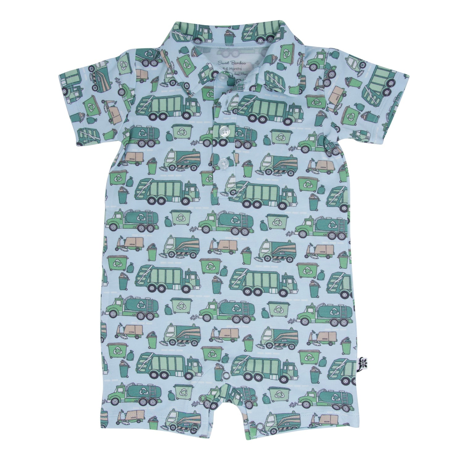Kids recycle polo romper with green, blue garbage truck pattern, short sleeves, snaps