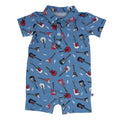 Blue guitar-print polo romper with collar, button placket, and short sleeves