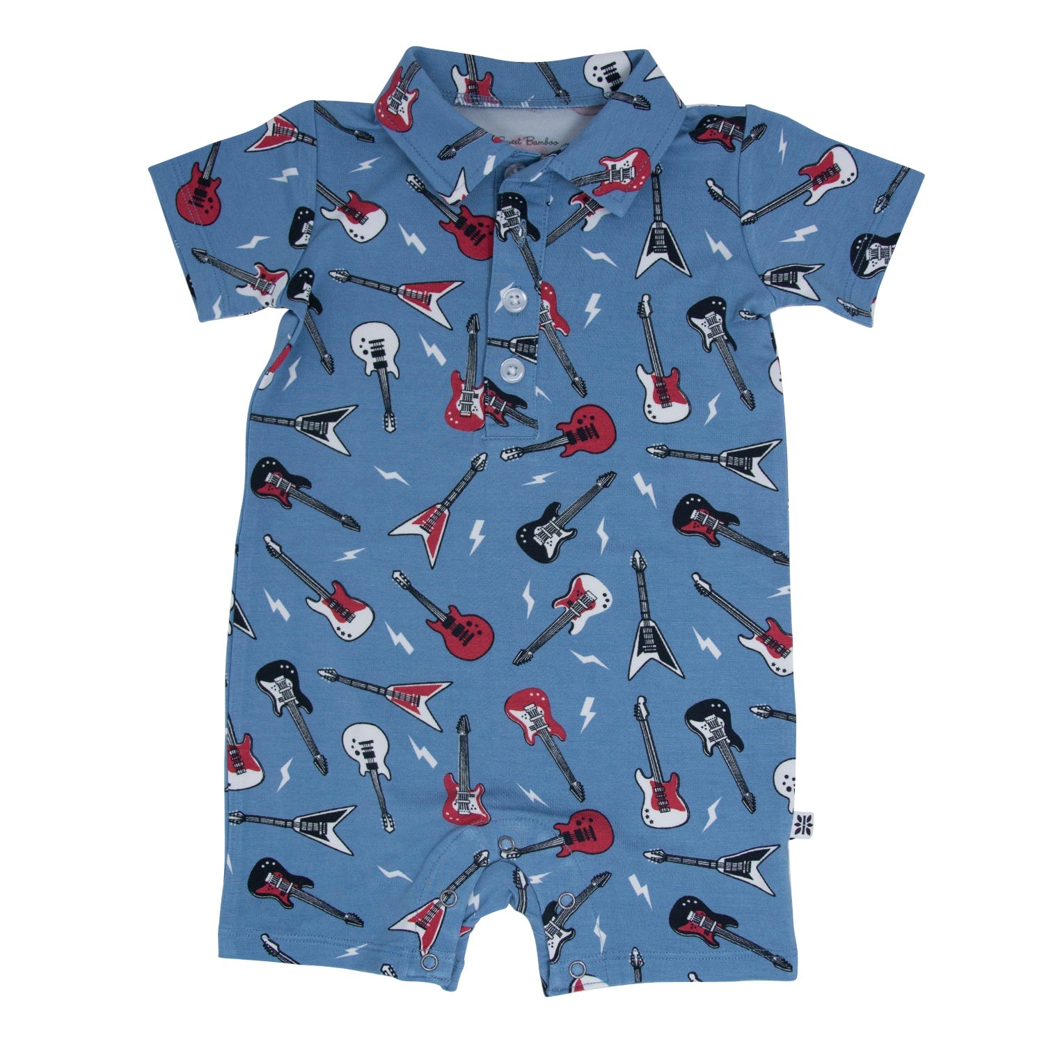 Blue guitar-print polo romper with collar, button placket, and short sleeves
