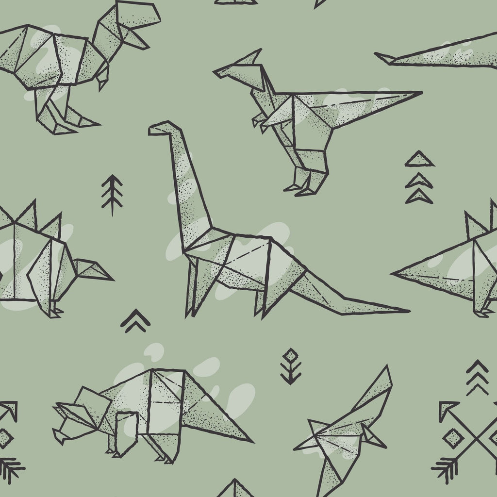 Polo romper fabric in light mint with allover origami dinosaur pattern