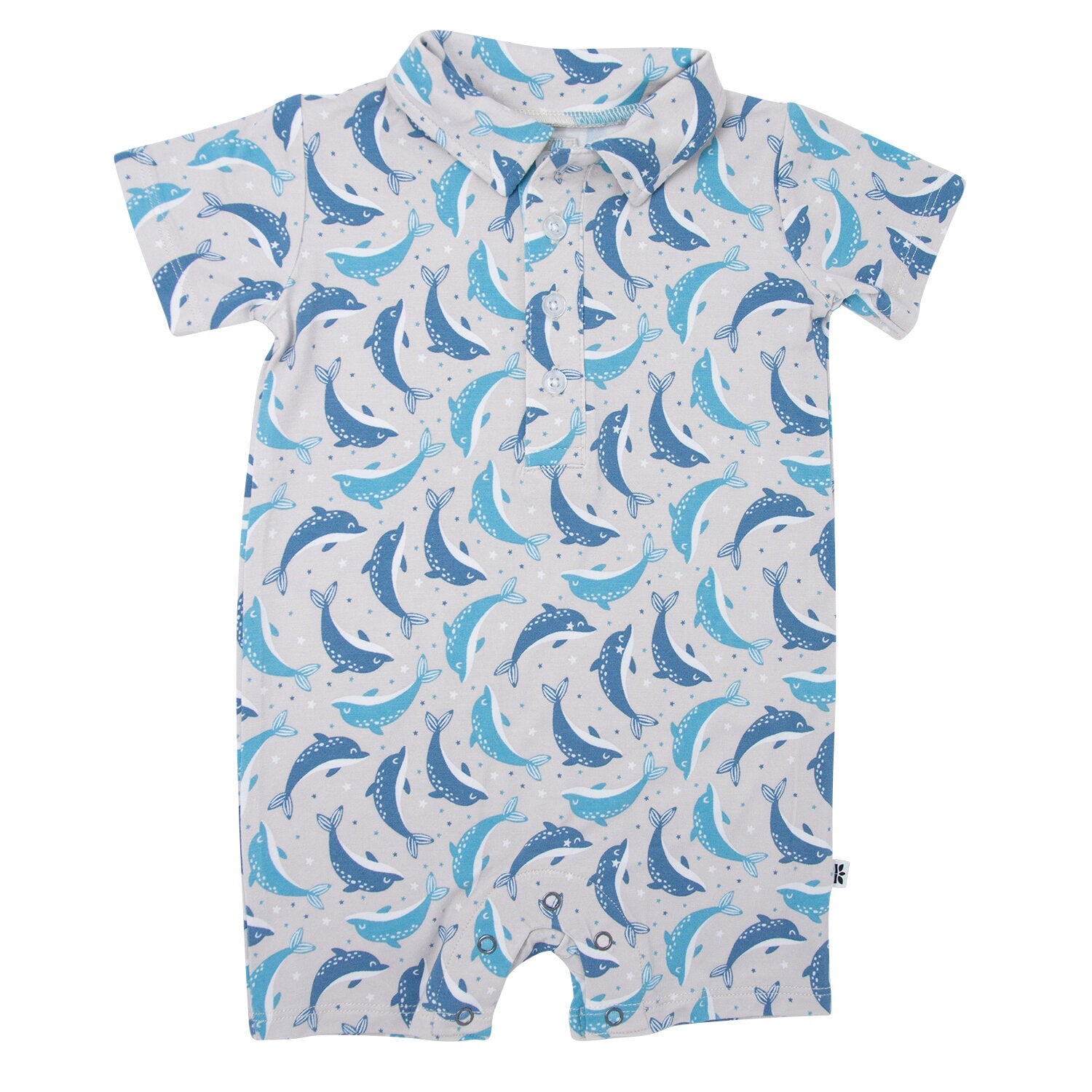 Dolphin print polo romper, light blue and white, short sleeves with buttoned collar