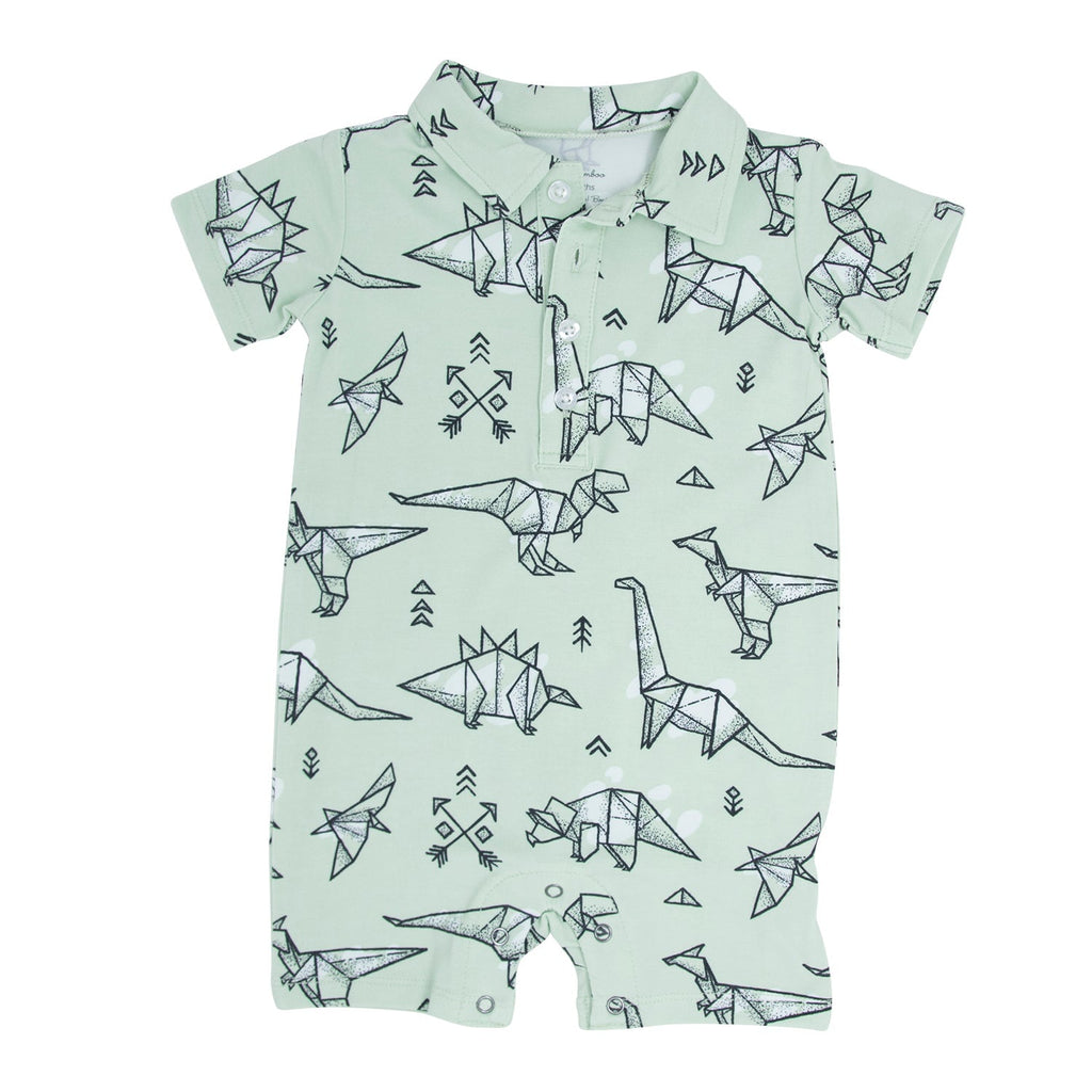 Kids' polo romper, light mint with button placket, collared neck; dinosaur origami print