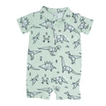 Kids' polo romper, light mint with button placket, collared neck; dinosaur origami print