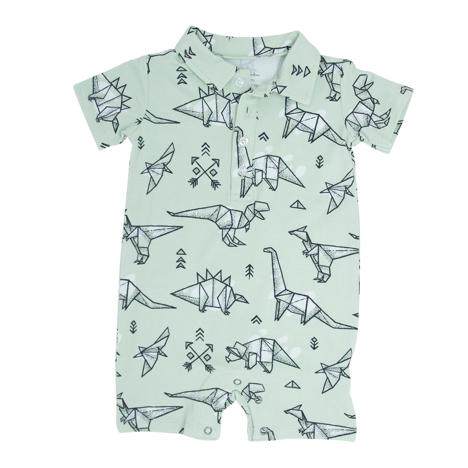 Kids' polo romper, light mint with button placket, collared neck; dinosaur origami print