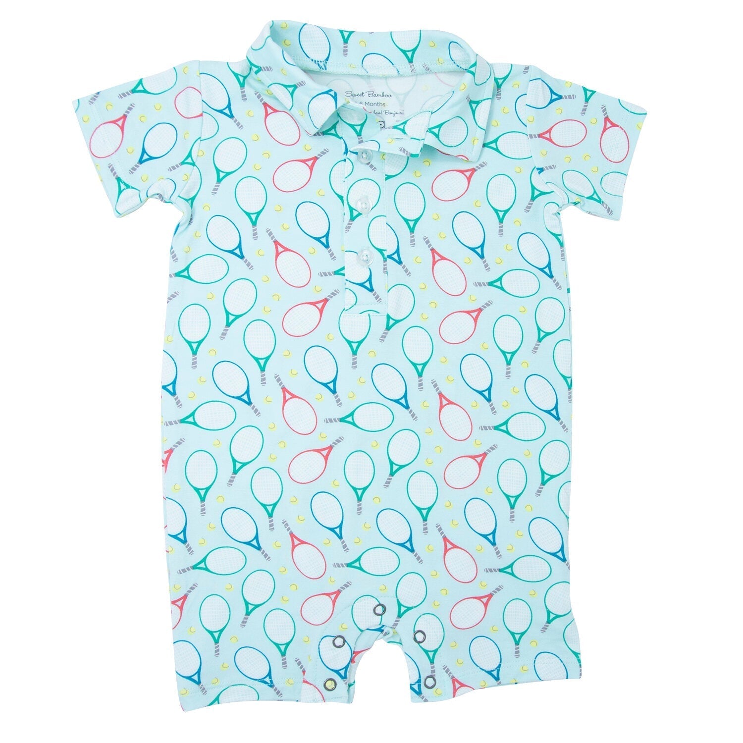 Turquoise polo romper with tennis racket print, short sleeves and button placket.