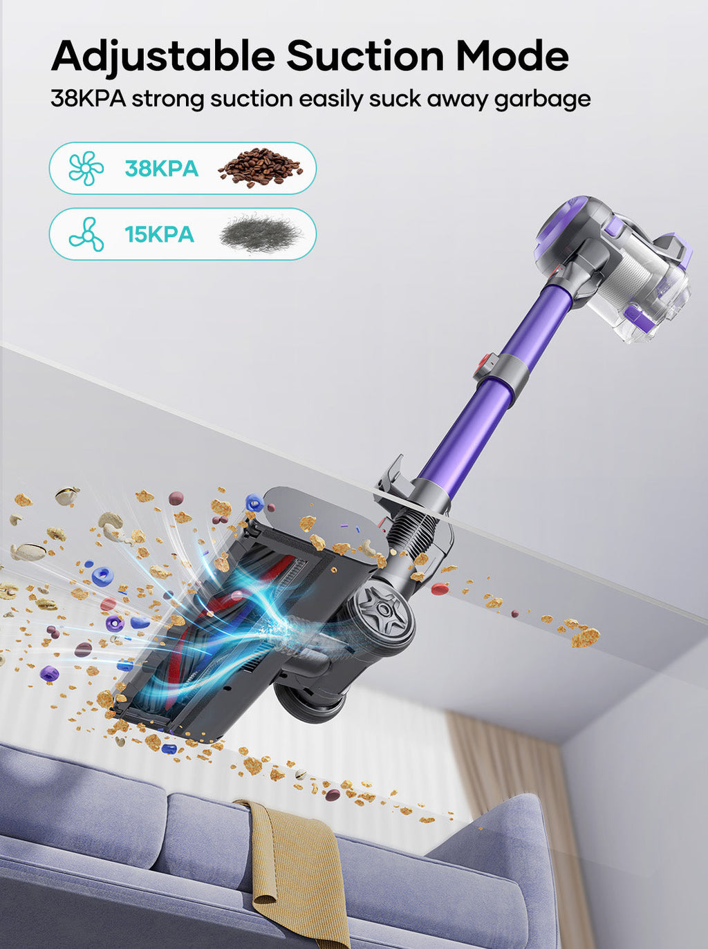 Stick vacuum head with adjustable suction mode, attacking debris on upholstery