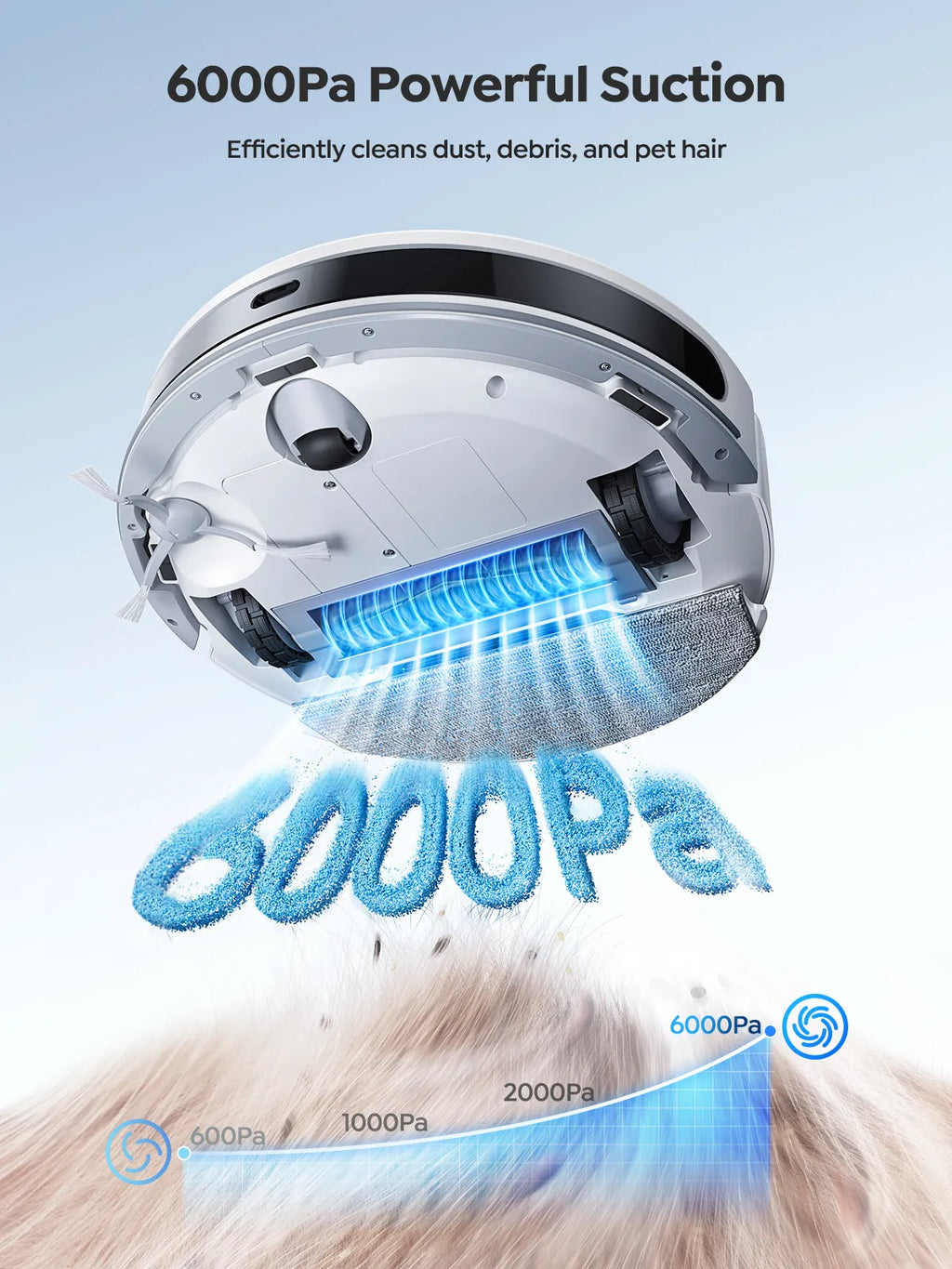Robot vacuum with illuminated suction area and rotating cleaning head.