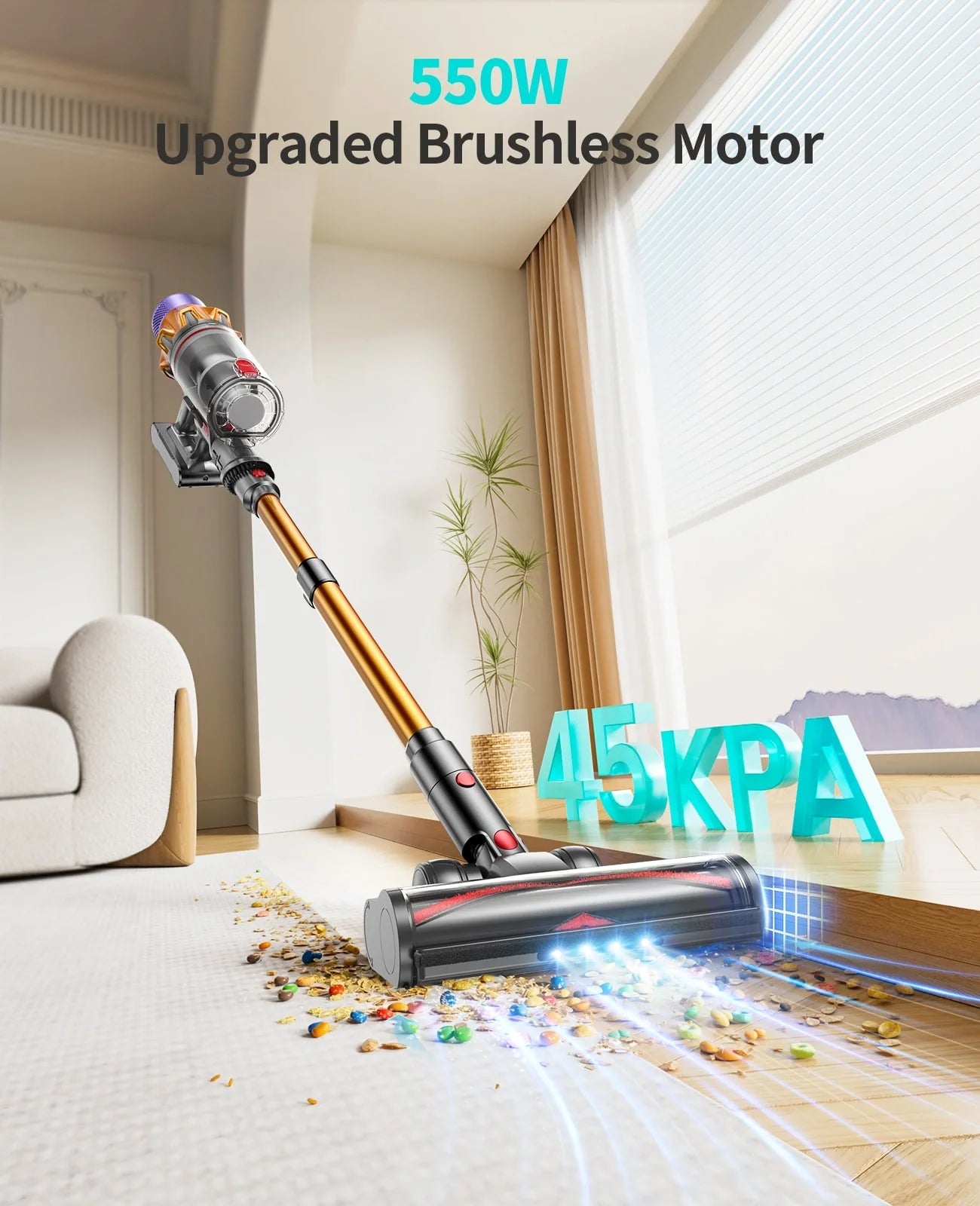 Cordless stick vacuum with 550W brushless motor, spraying dust on floor