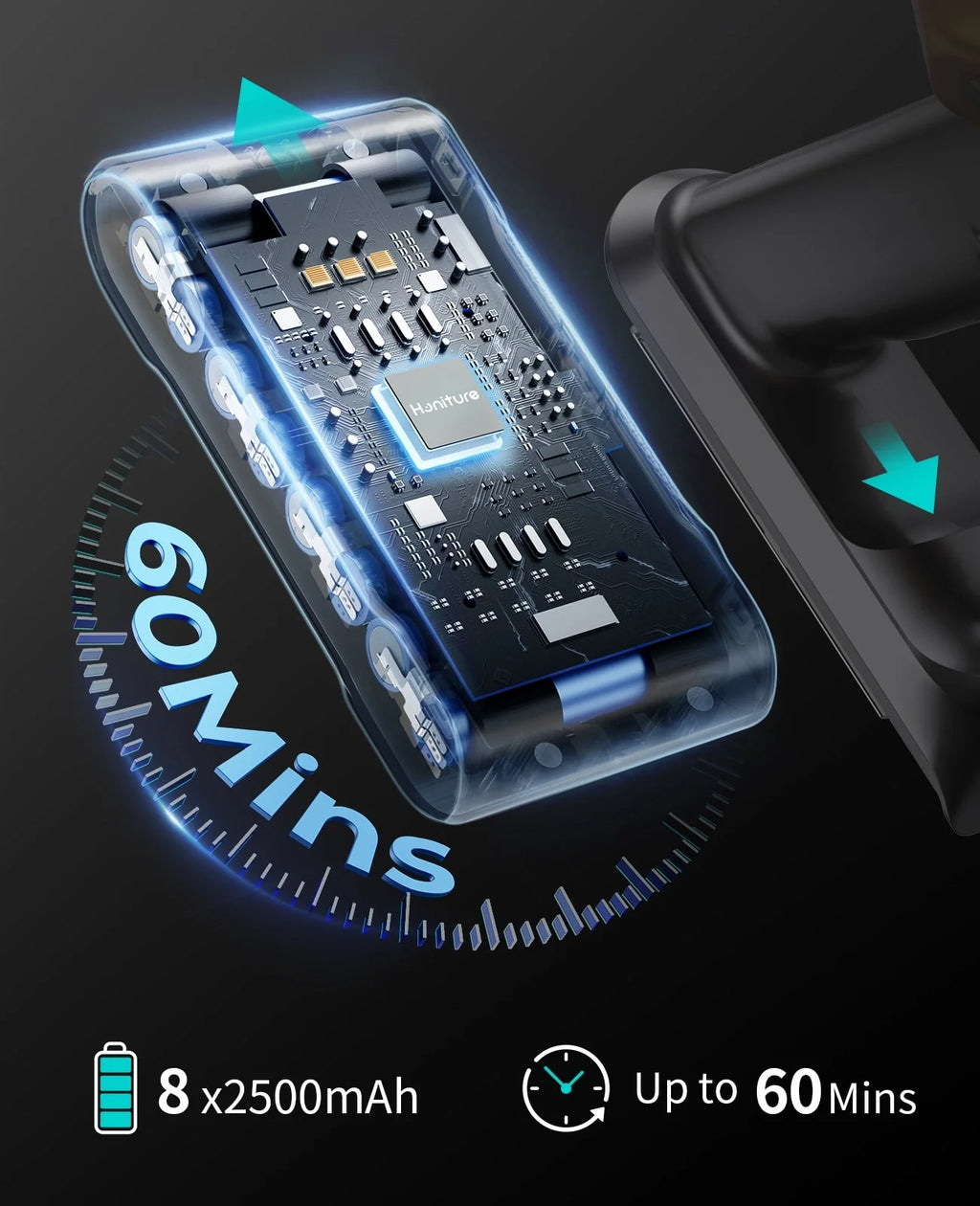 Cordless vacuum battery module with blue light accents and control panel elements