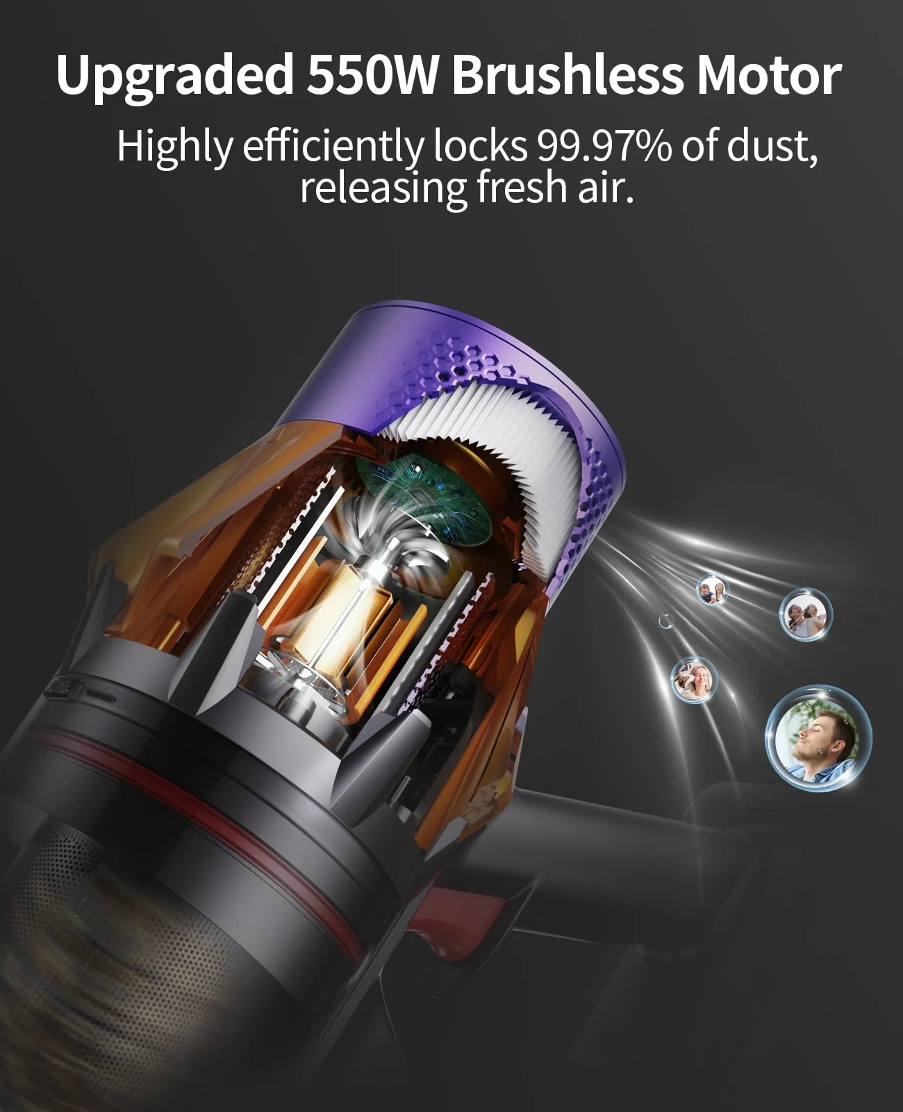 Rotating vacuum motor head with purple shroud and airflow jets