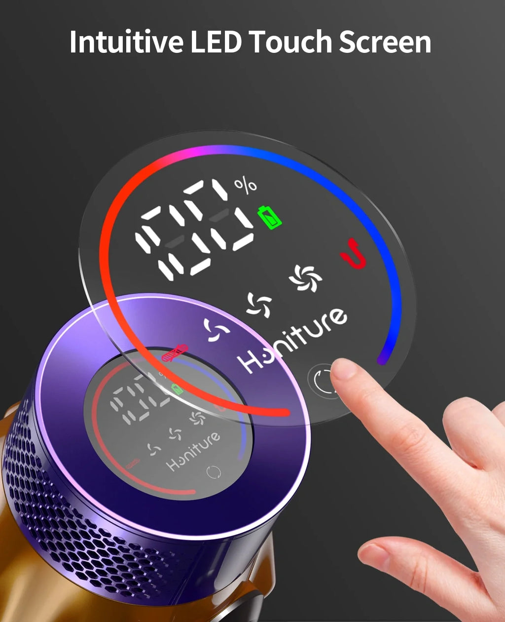 Vacuum control panel with colorful LED ring and touch icons, purple top housing