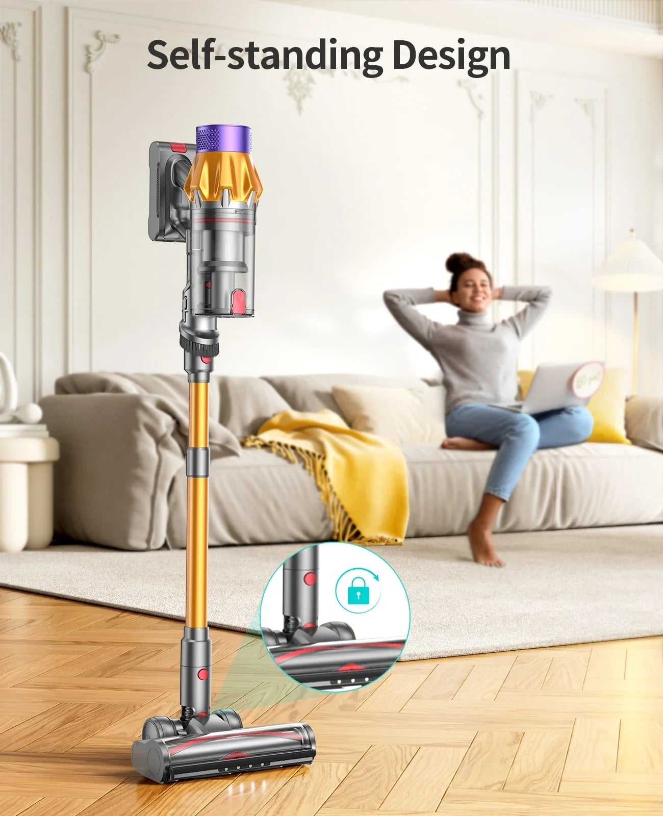 Self-standing cordless pet vacuum with base stand, purple canister, and floor brush