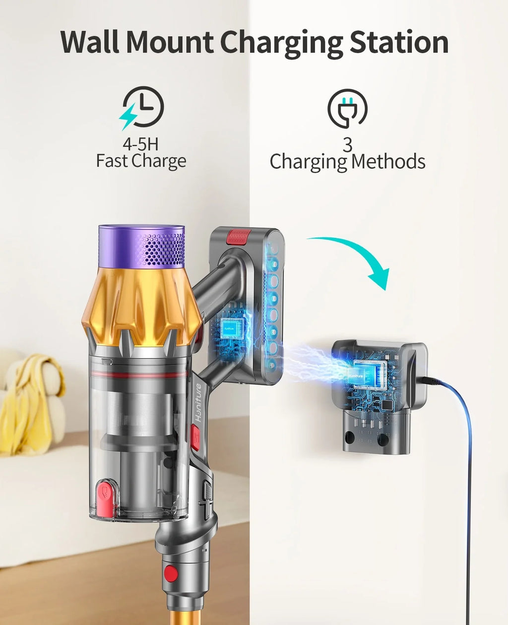 Wall-mounted charging station with cordless vacuum docked, blue indicators on base
