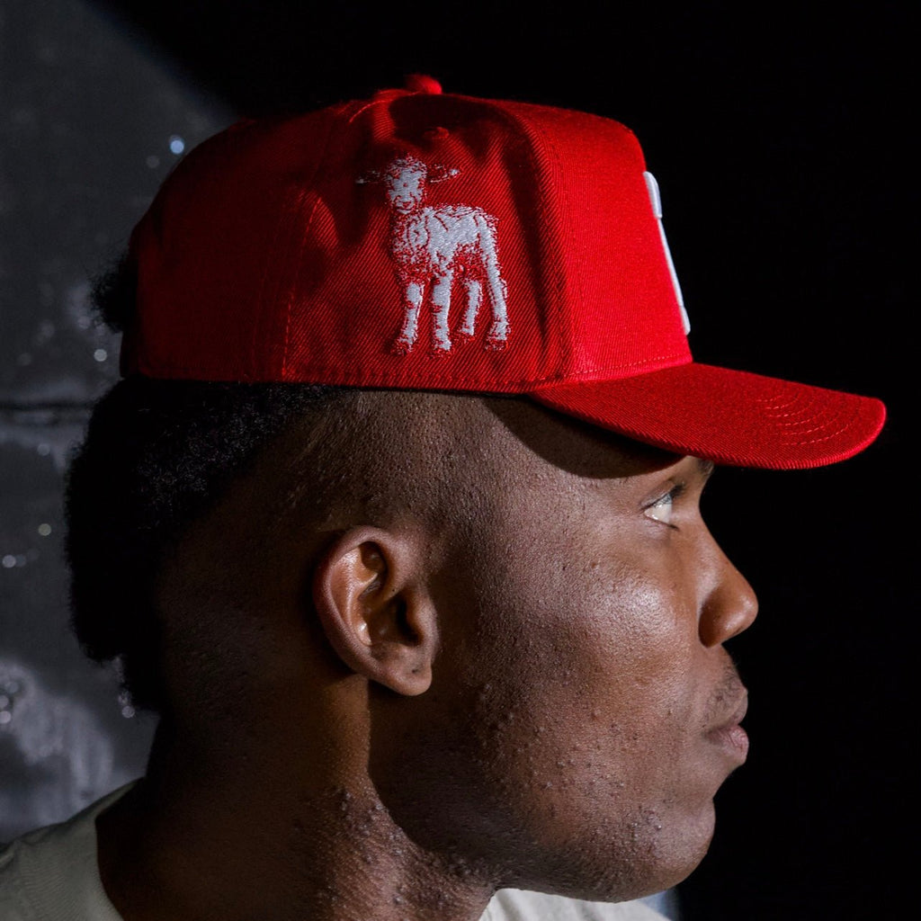 Man wearing a red snapback cap with side emblem and curved brim