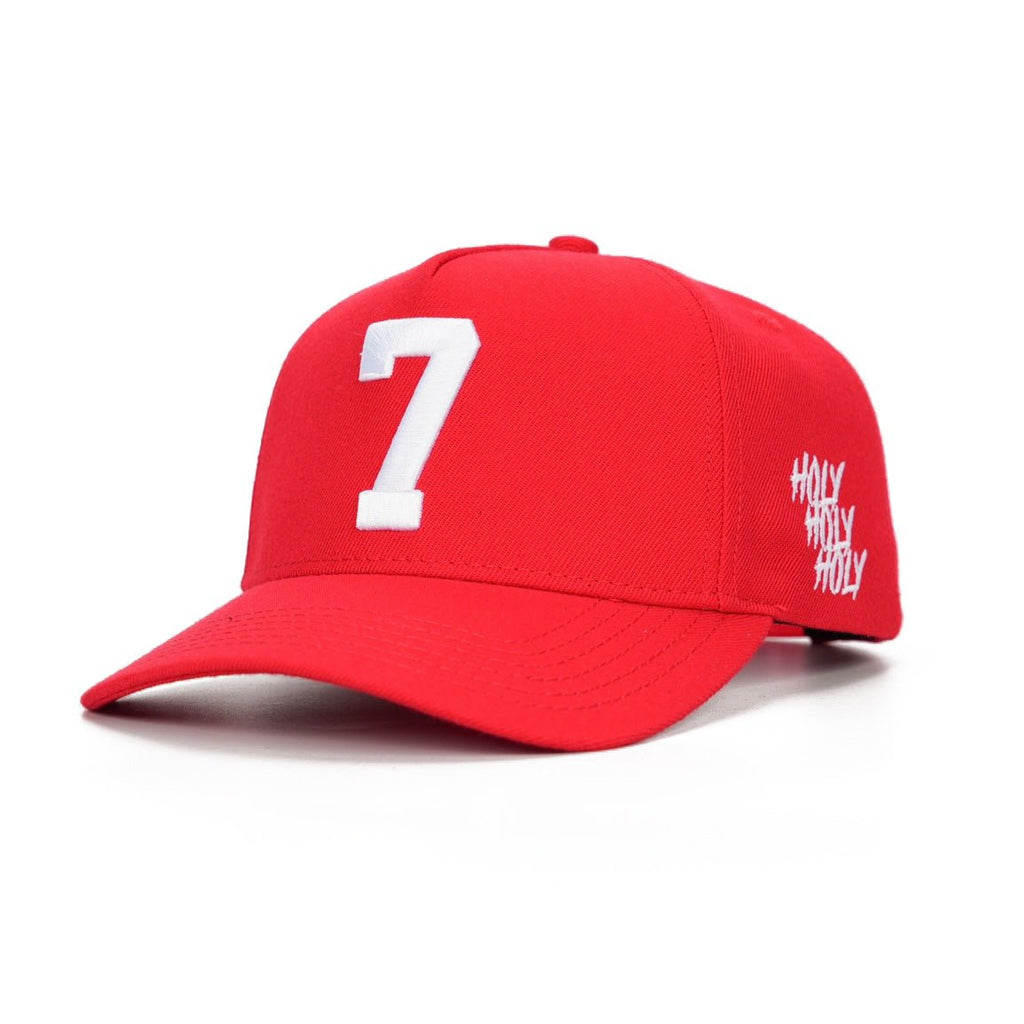 Red snapback cap with large white "7" front patch and small white side text