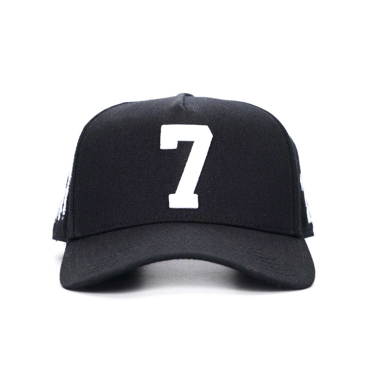 Black snapback cap with centered white '7' patch front