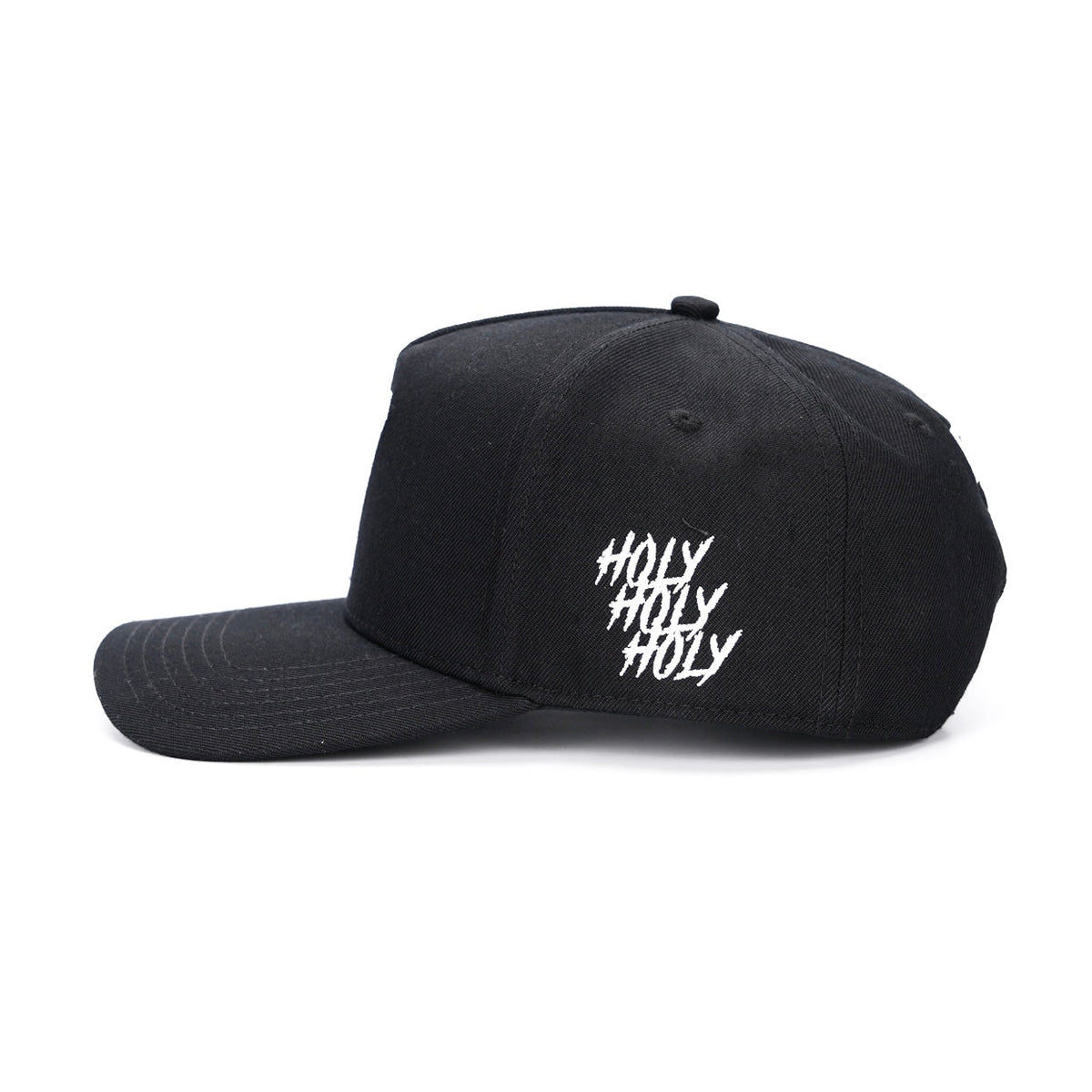 Black snapback cap with white 'Holy Holy Holy' text on side