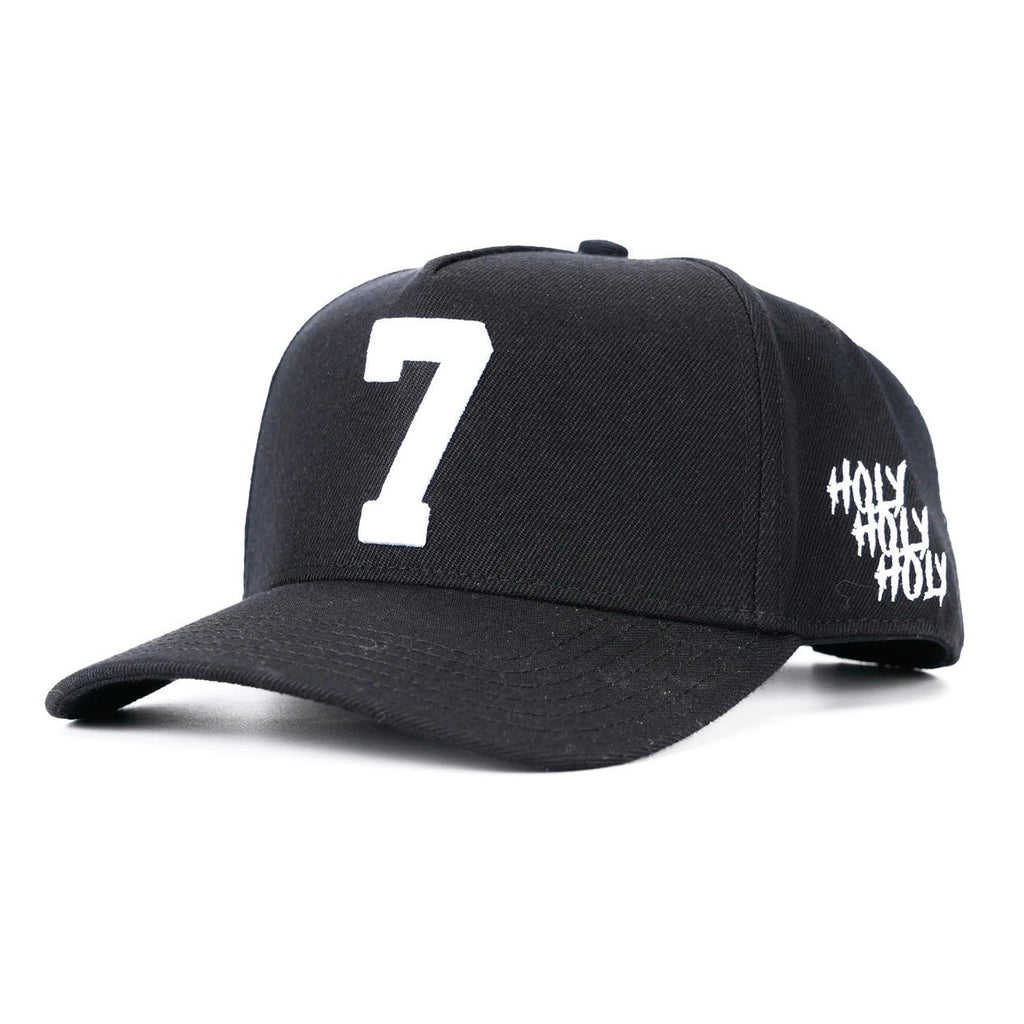 Black snapback cap with large white '7' front patch