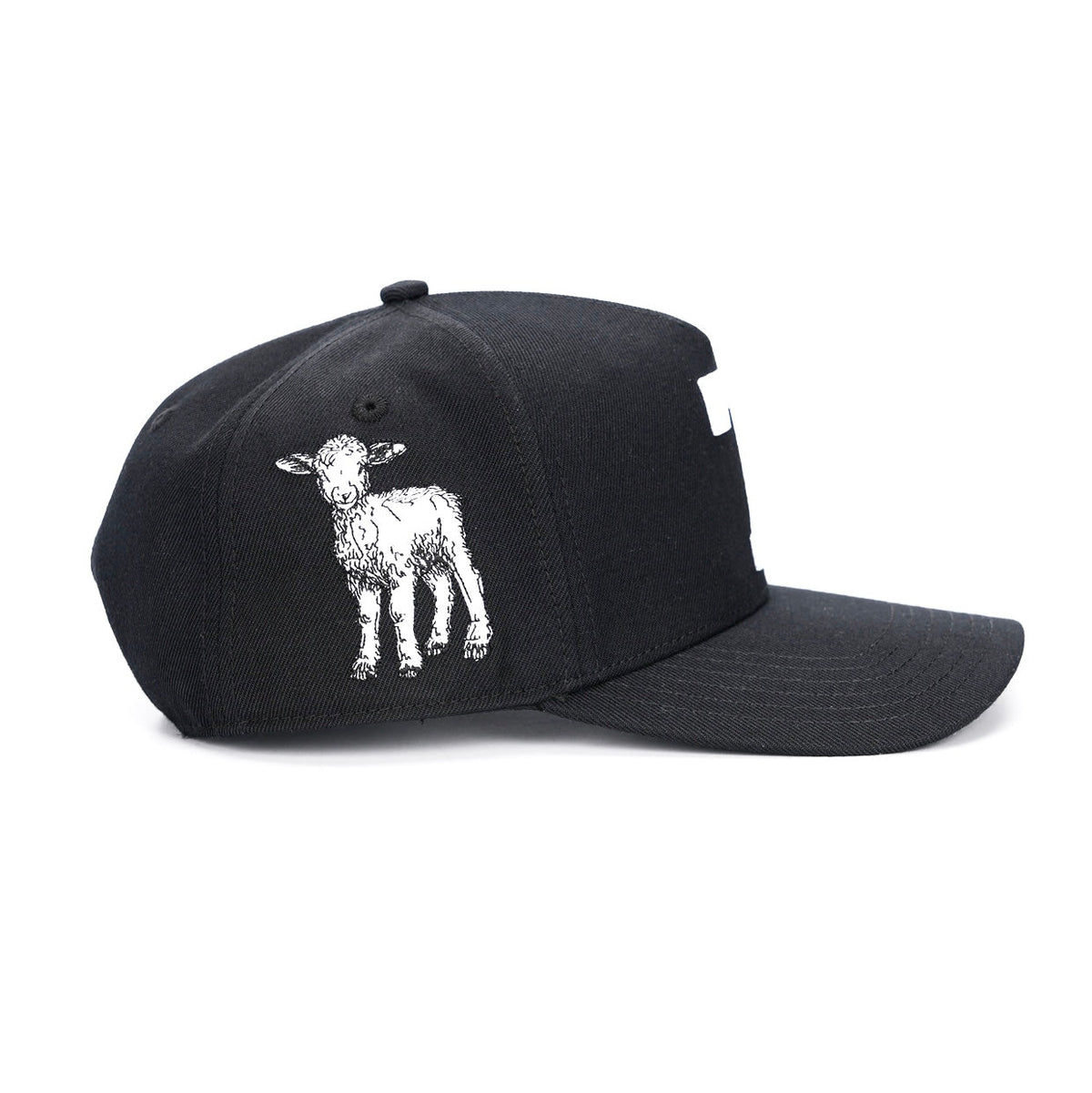 Black snapback cap with white goat graphic on left panel