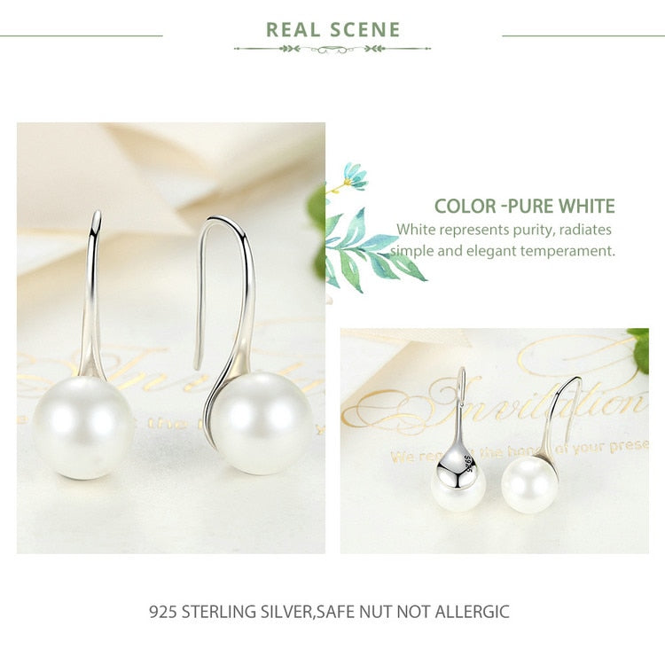 nowadaysfashion Sterling Silver Elegant Round Pure Love Pearl Drop Earrings