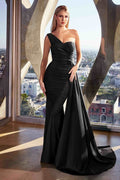 Black one-shoulder satin long gown with side drape and flowing skirt