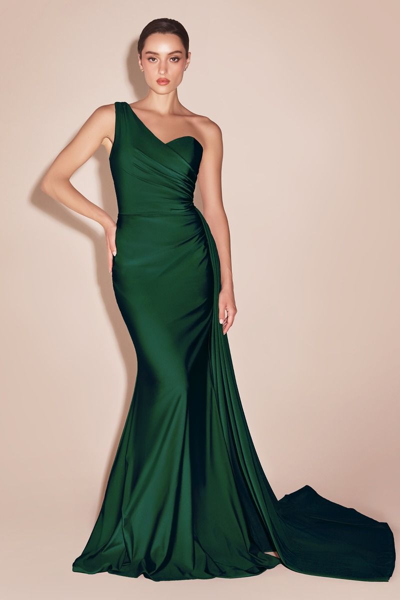 One-shoulder long satin stretch gown in emerald green with side sash drape