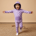 Checker hooded jogger set with long sleeves and matching pants, purple