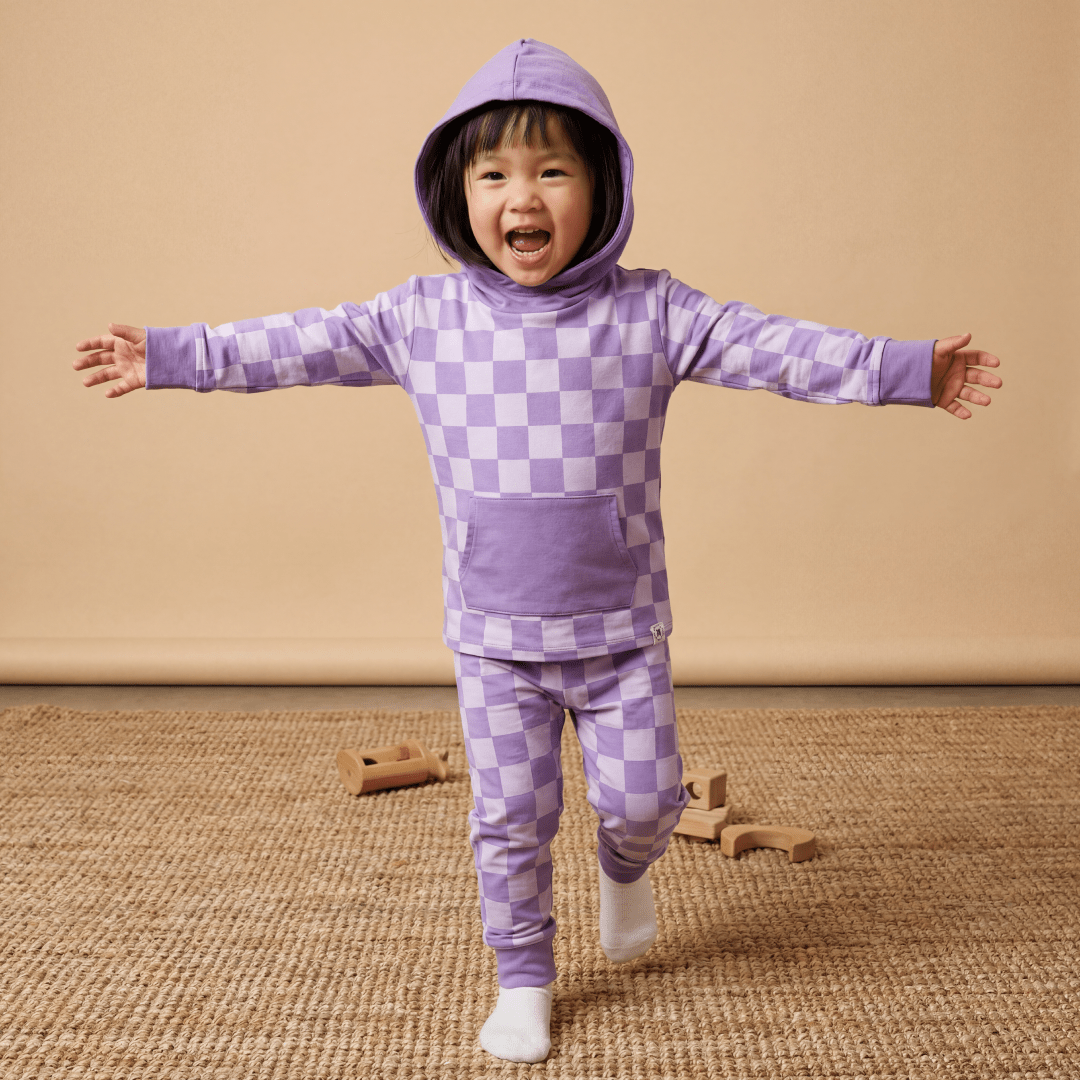 Checker hooded jogger set with long sleeves and matching pants, purple