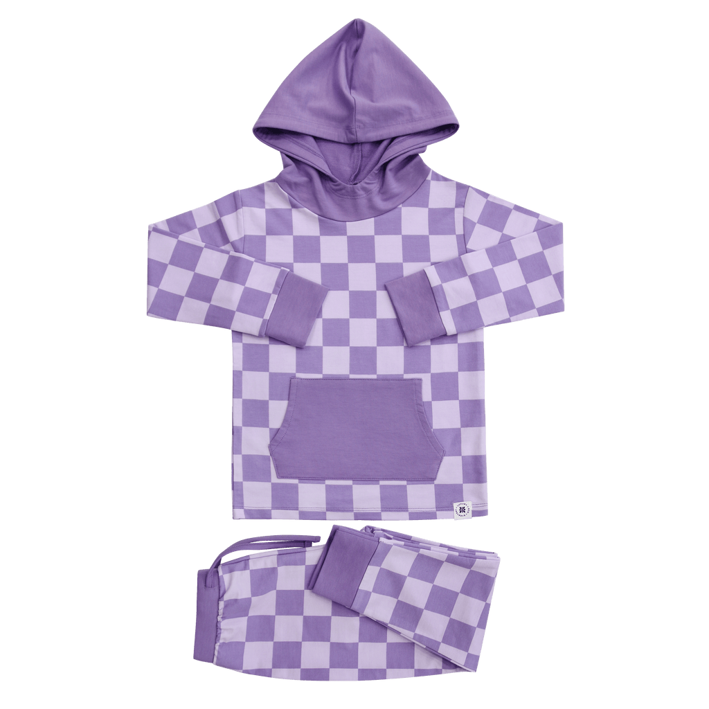 Purple checker hooded top and jogger pants set with kangaroo pocket