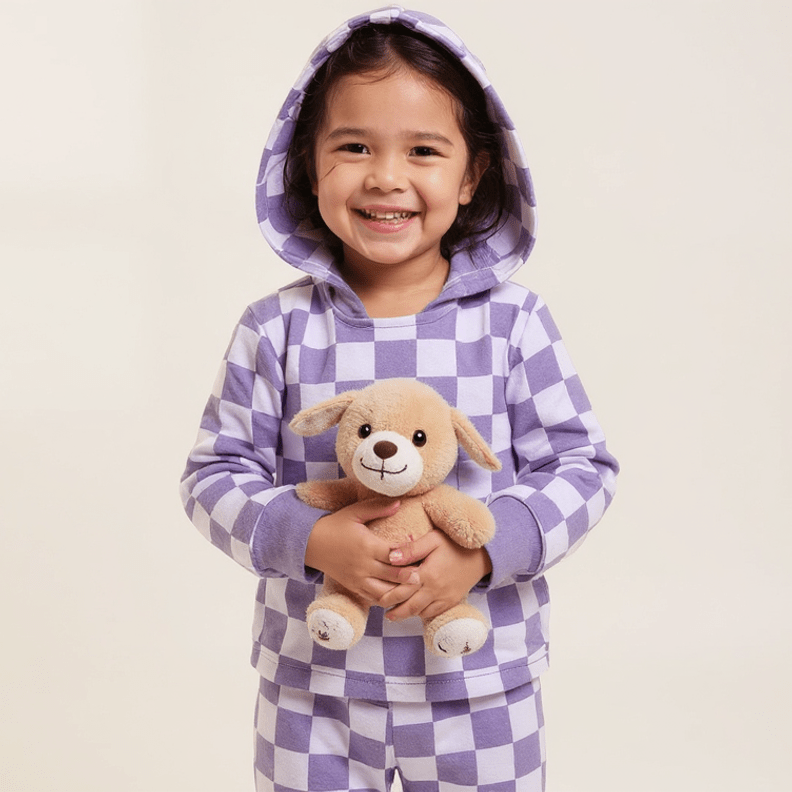 Checker hooded sweatshirt and joggers set with drawstring, purple