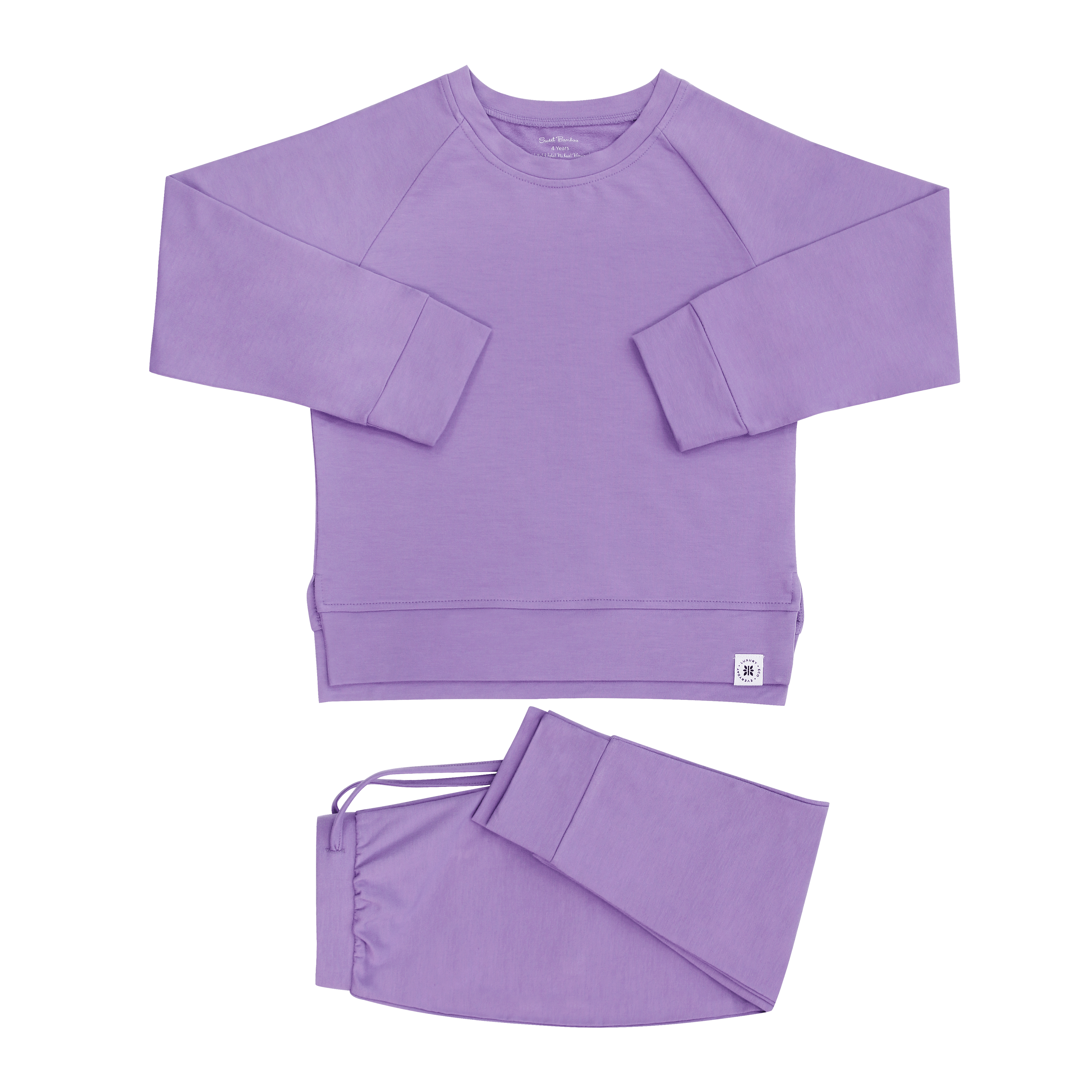 Purple crew neck sweatshirt and matching jogger pants set, flat lay
