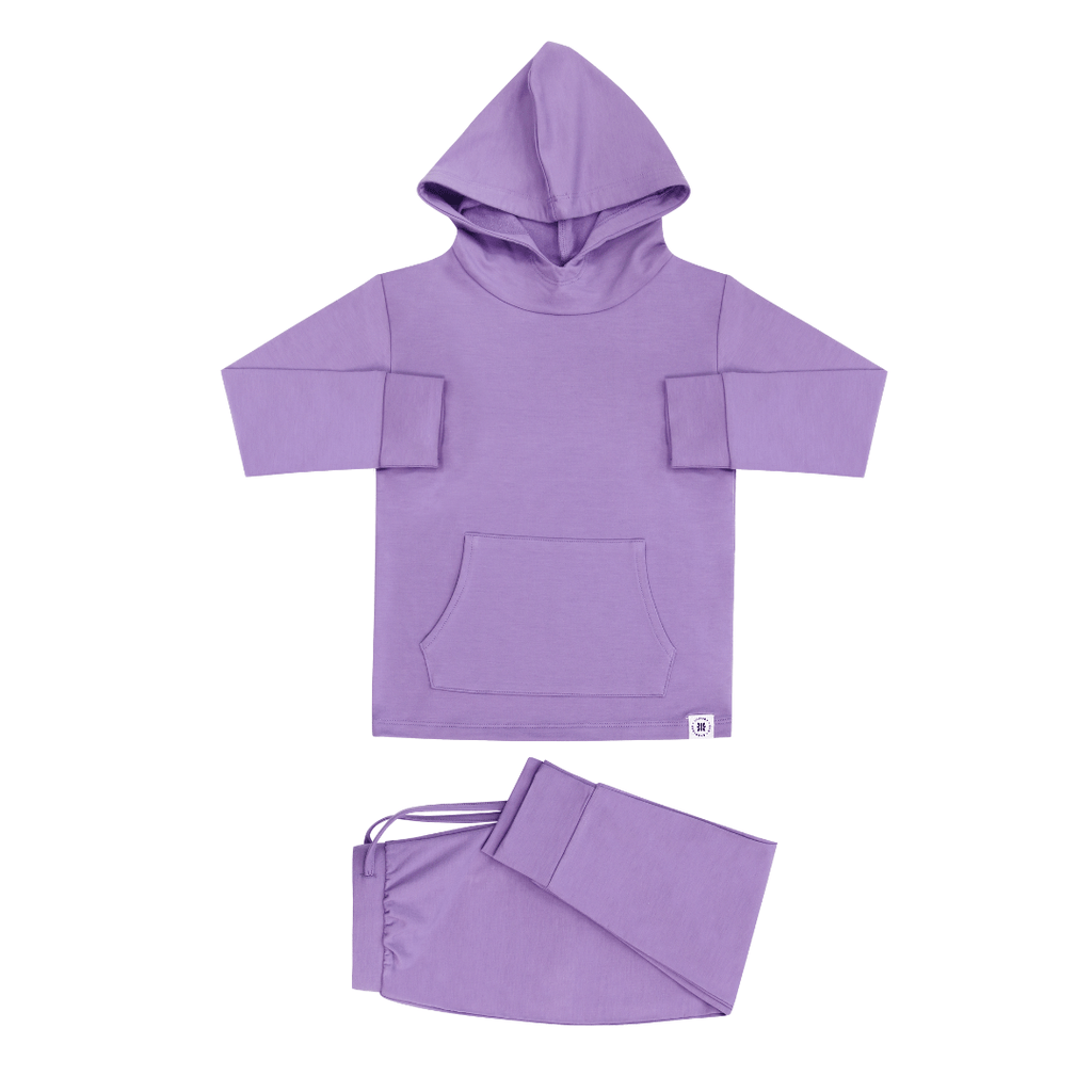 Purple hooded sweatshirt and jogger pants set, hoodie with kangaroo pocket and cuffs