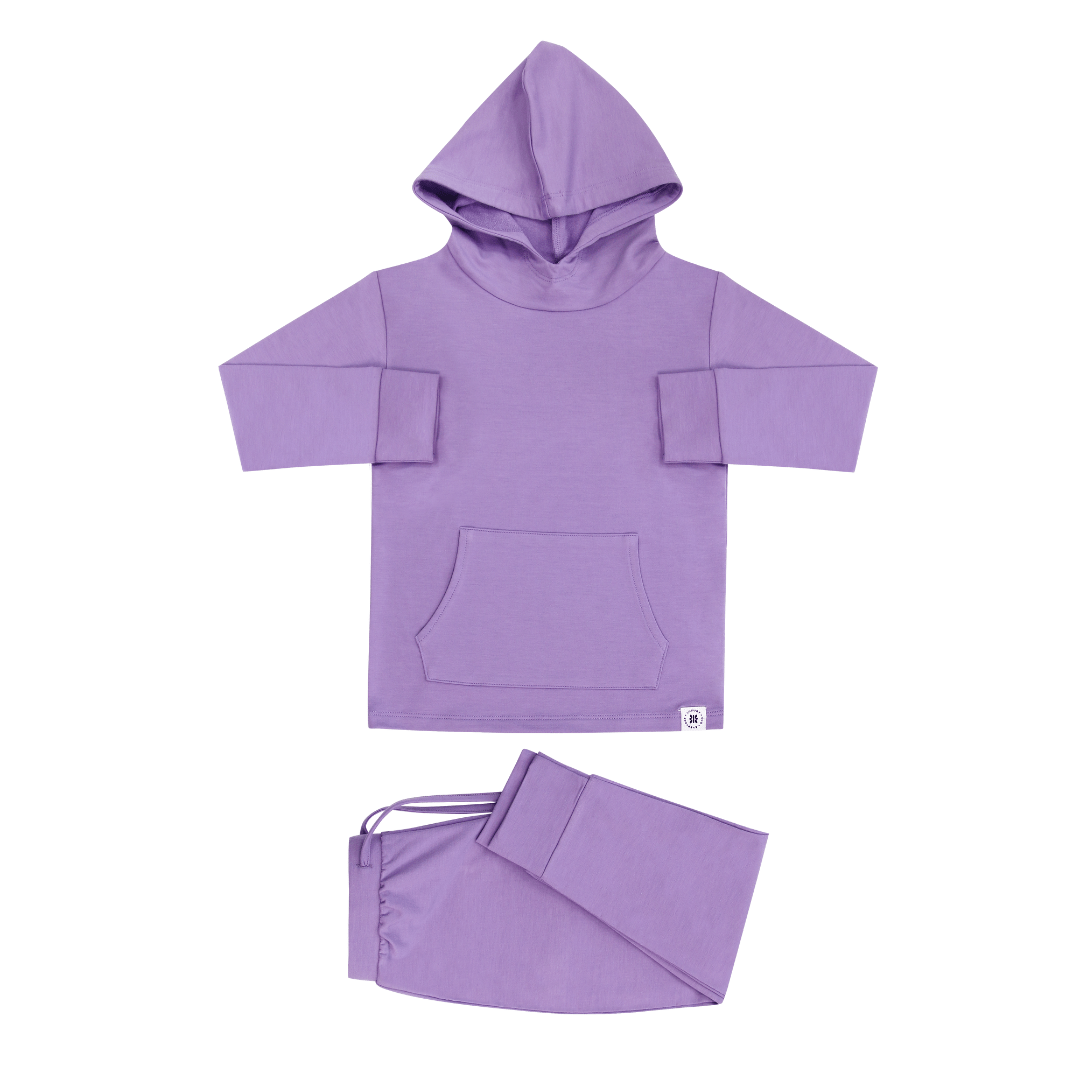 Purple hooded sweatshirt and jogger pants set, hoodie with kangaroo pocket and cuffs