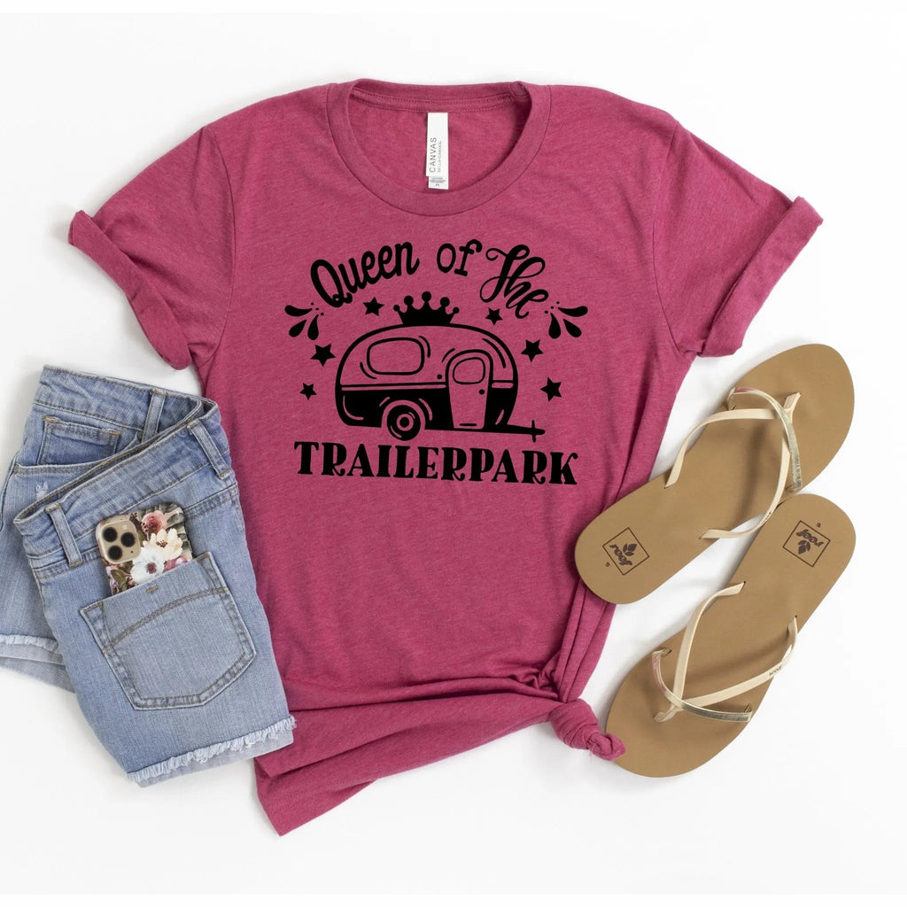 Women’s maroon graphic t-shirt with camper and “Queen of the Trailerpark” text