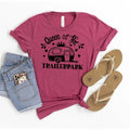 Women’s maroon graphic t-shirt with camper and “Queen of the Trailerpark” text