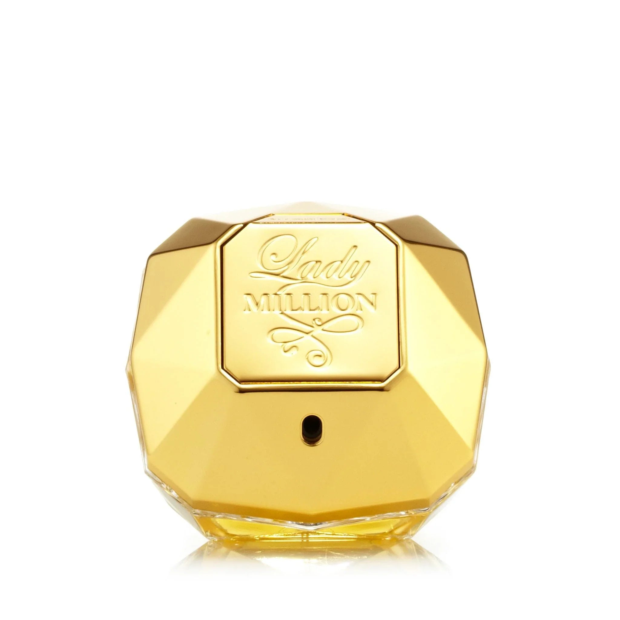 Rabanne Lady Million perfume bottle, gold octagonal cap with central logo label