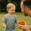 Blue raglan henley shirt for boys with orange basketball and hoop print, front buttons
